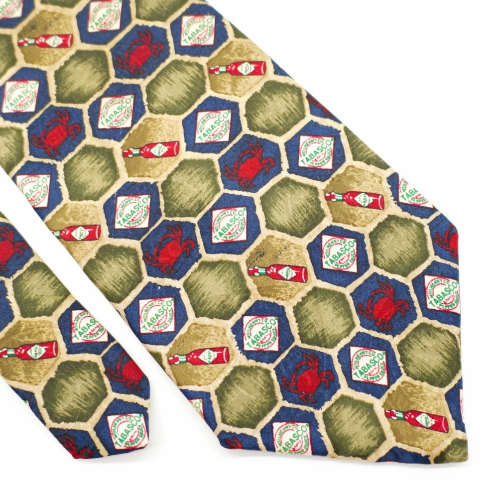 Tabasco Green Silk Tie Jacquard Print Crab Blue Red Wide